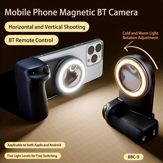 Magnetic Smartphone Handle Grip with Bluetooth Remote & Fill Light – Anti-Shake Selfie Stick Tripod Bracket