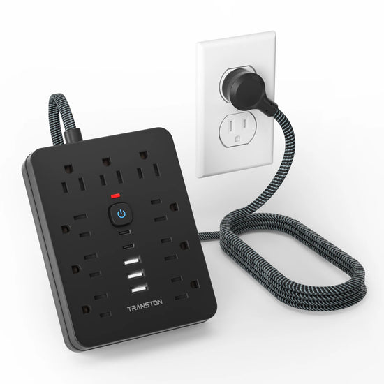 TRANSTON Power Strip Surge Protector – 9 AC Outlets, 3 USB & 2 USB-C Ports with 5ft Braided Cable, 45° Flat Plug (Black)