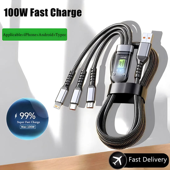 100W Fast Charging Cable – 3-in-1 Multi USB Charger Cord, Nylon Braided, Type-C, Micro USB & Universal Adapter